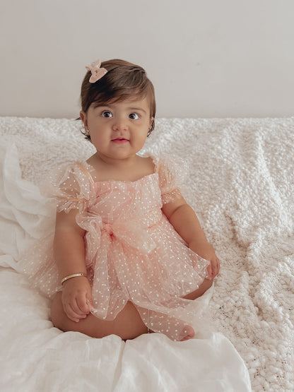 Swiss Dot Pink Rose Flower Fairy Baby Girl Tulle Party Romper