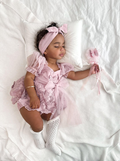 Butterfly Kisses Dusty Rose Pink Embroidered Baby Girl Party Romper