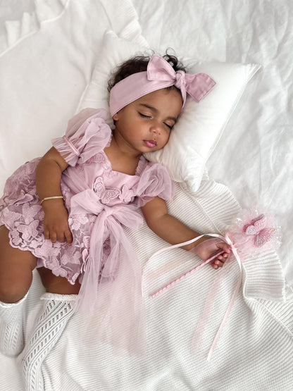 Butterfly Kisses Dusty Rose Pink Embroidered Baby Girl Party Romper