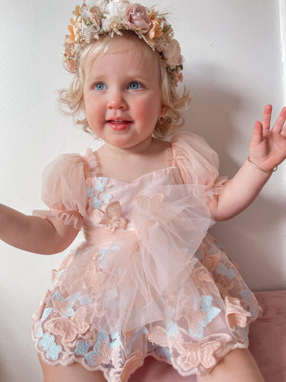 Butterfly Kisses Peach Rose Baby Girl Embroidered Tulle Party Romper