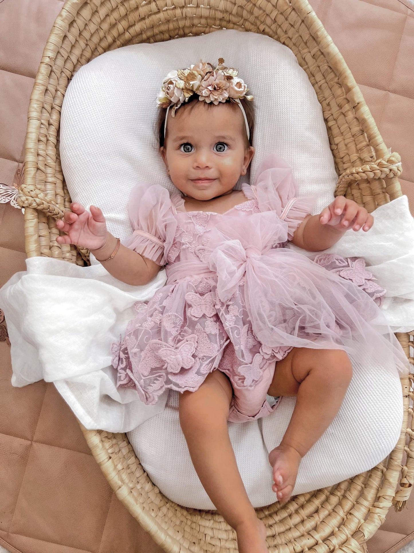 Butterfly Kisses Dusty Rose Pink Embroidered Baby Girl Party Romper
