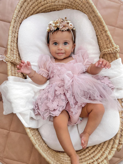 Butterfly Kisses Dusty Rose Pink Embroidered Baby Girl Party Romper