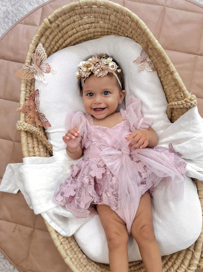 Butterfly Kisses Dusty Rose Pink Embroidered Baby Girl Party Romper