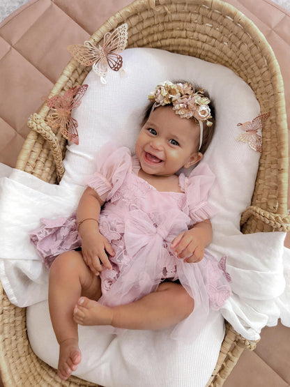 Butterfly Kisses Dusty Rose Pink Embroidered Baby Girl Party Romper