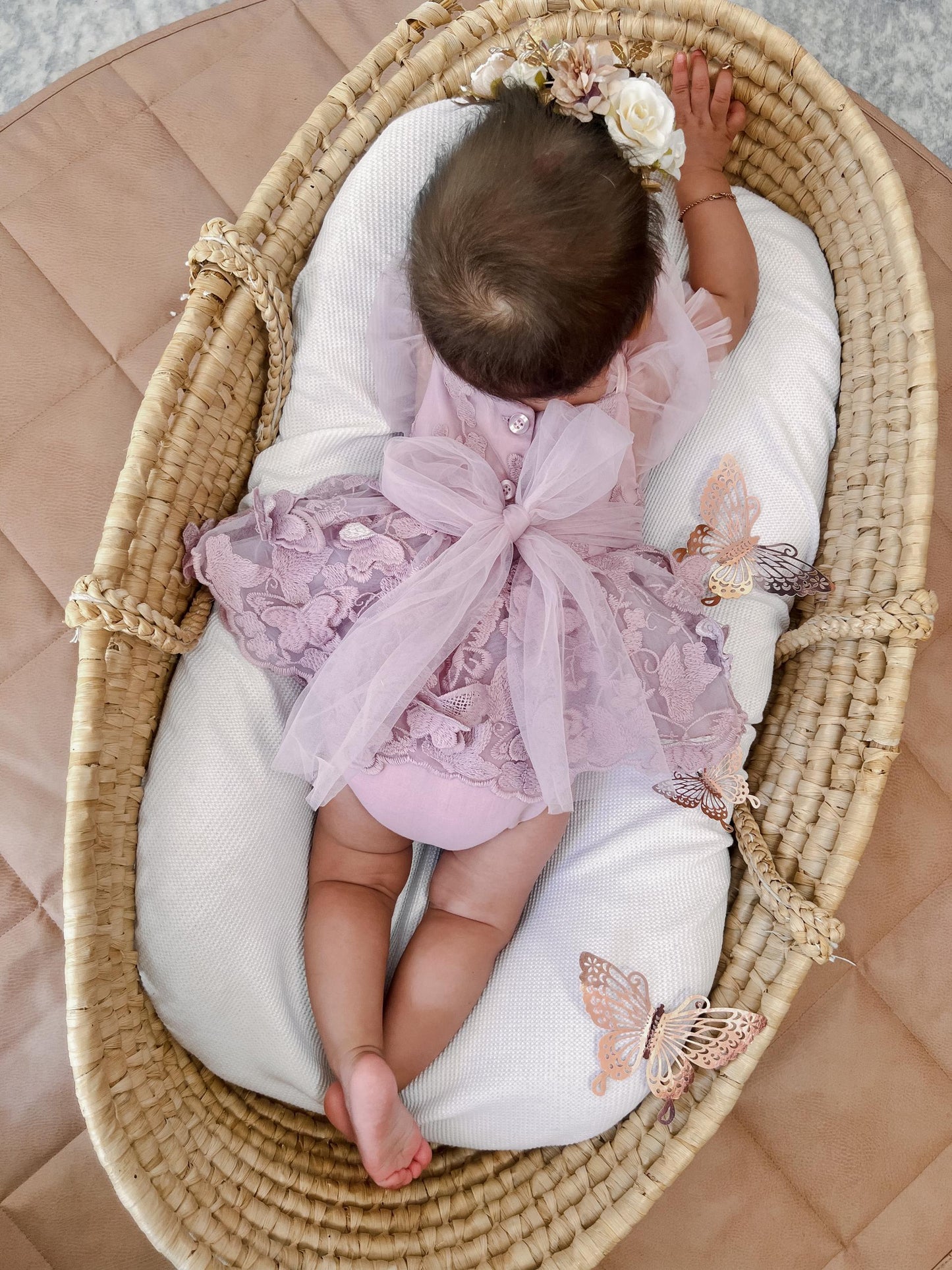 Butterfly Kisses Dusty Rose Pink Embroidered Baby Girl Party Romper