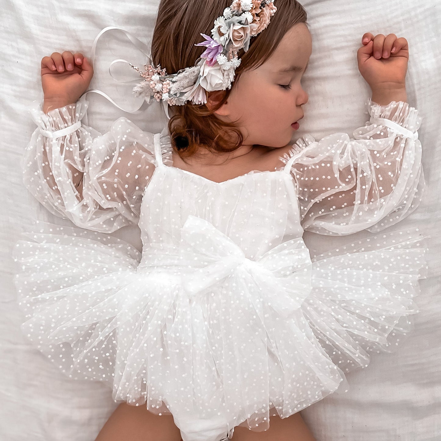 Swiss Dot Bloom White Baby Girl Tulle Romper