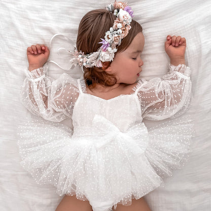 Swiss Dot Bloom White Baby Girl Tulle Romper