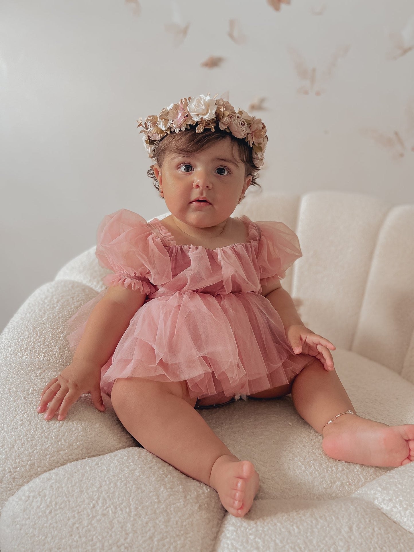 Dusty Rose Flower Fairy Baby Girl Pink Tulle Romper