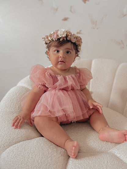 Dusty Rose Flower Fairy Baby Girl Pink Tulle Romper