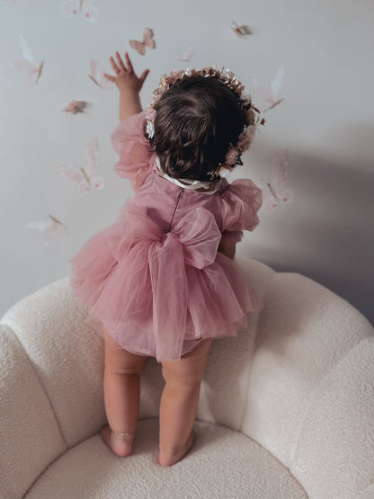 Dusty Rose Flower Fairy Baby Girl Pink Tulle Romper