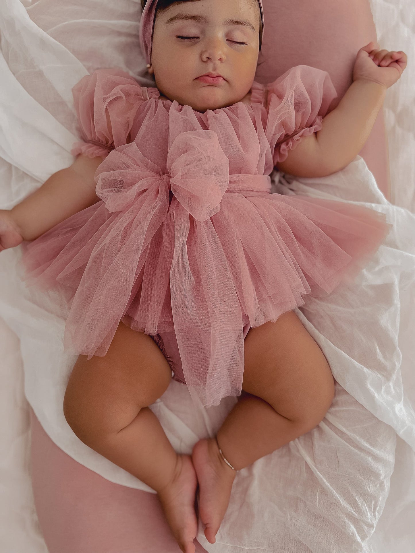 Dusty Rose Flower Fairy Baby Girl Pink Tulle Romper