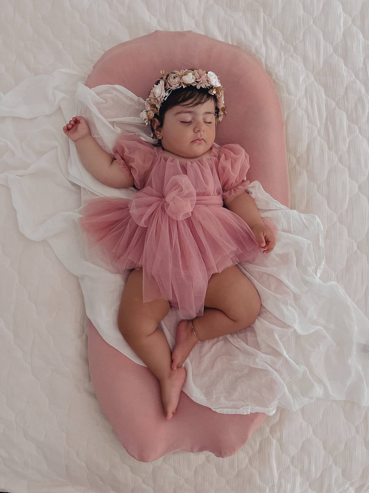 Dusty Rose Flower Fairy Baby Girl Pink Tulle Romper