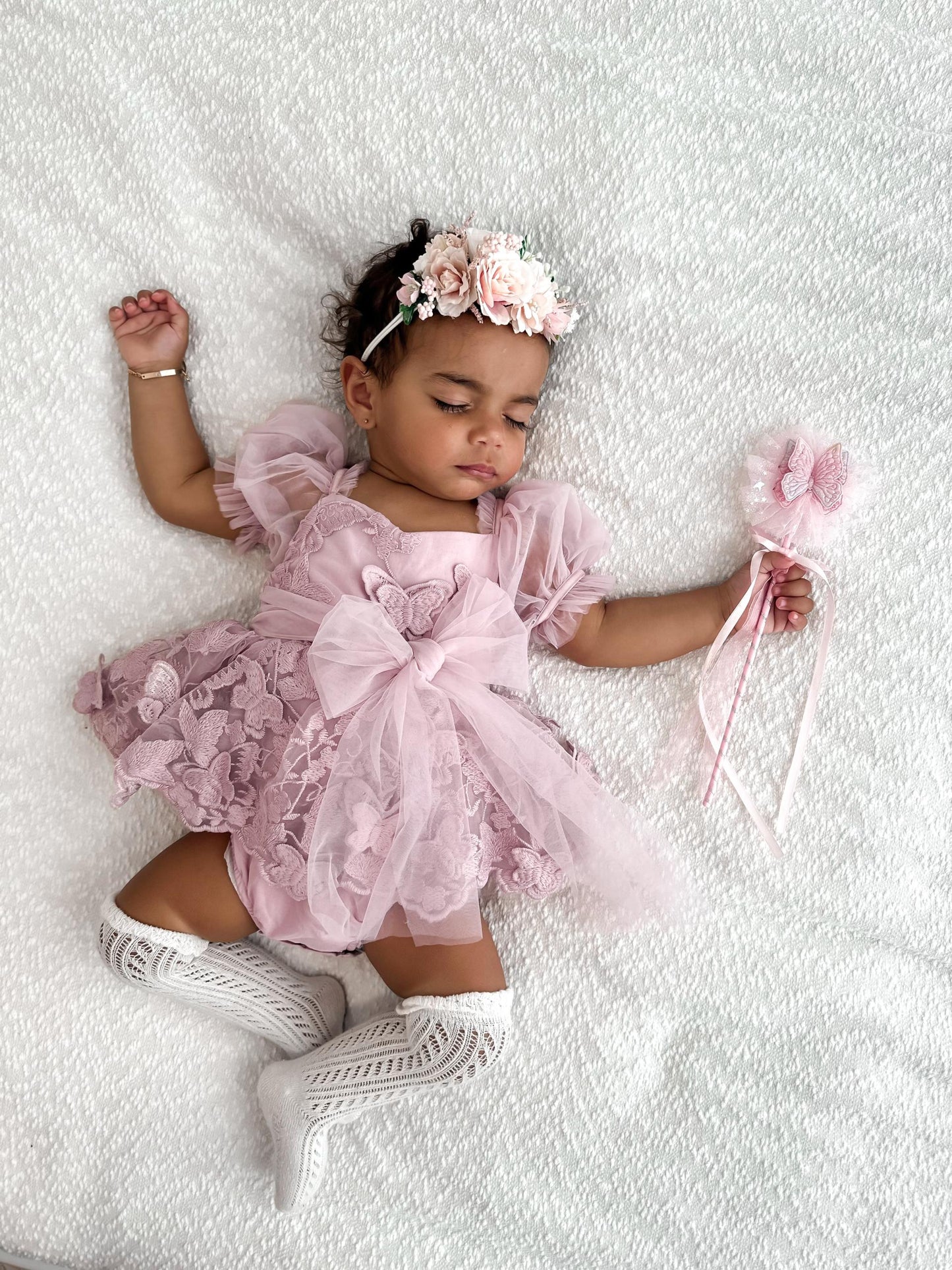 Butterfly Kisses Dusty Rose Pink Embroidered Baby Girl Party Romper