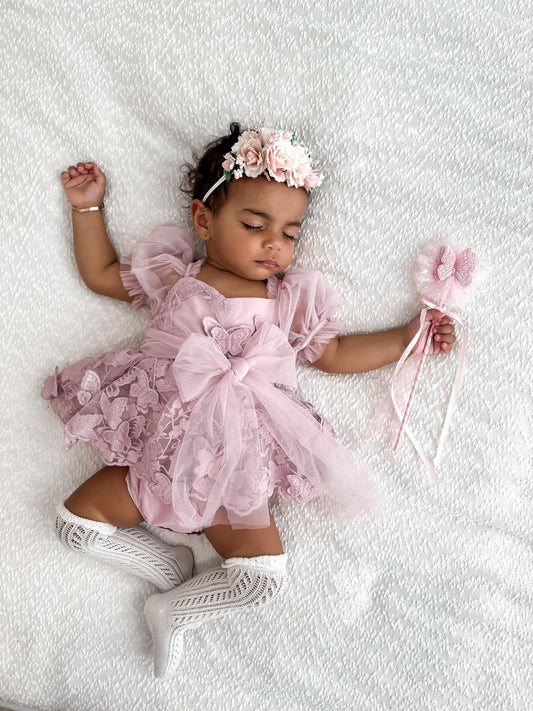 Butterfly Kisses Dusty Rose Pink Embroidered Baby Girl Party Romper