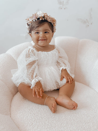 Swiss Dot Bloom White Baby Girl Tulle Romper