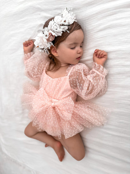 Swiss Dot Bloom Pink Rose Baby Girl Tulle Party Romper