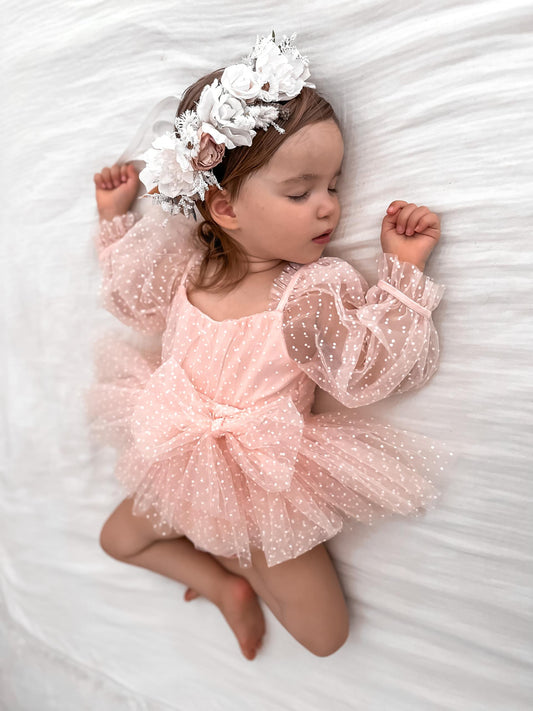 Swiss Dot Bloom Pink Rose Baby Girl Tulle Party Romper