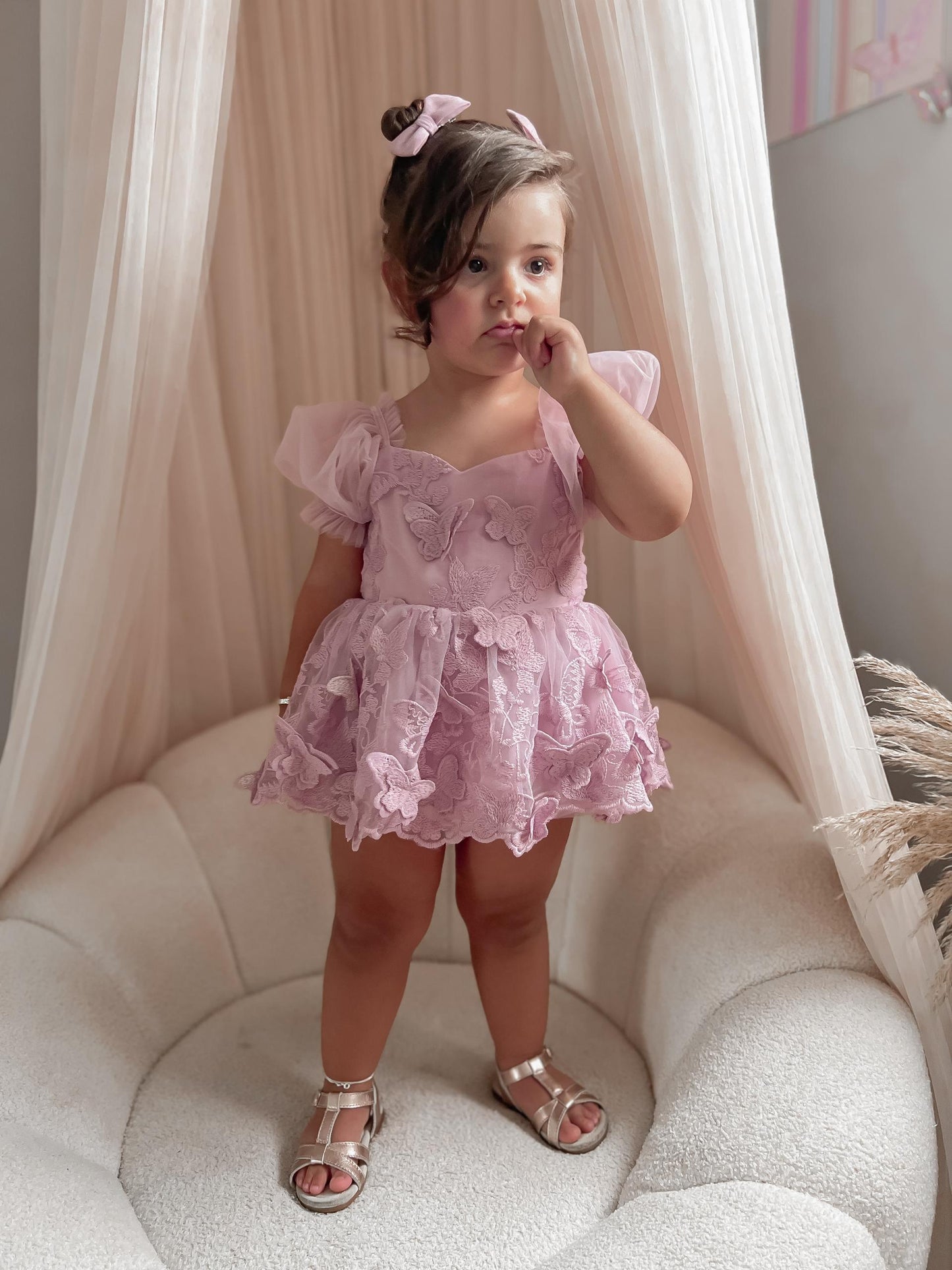 Butterfly Kisses Dusty Rose Pink Embroidered Baby Girl Party Romper