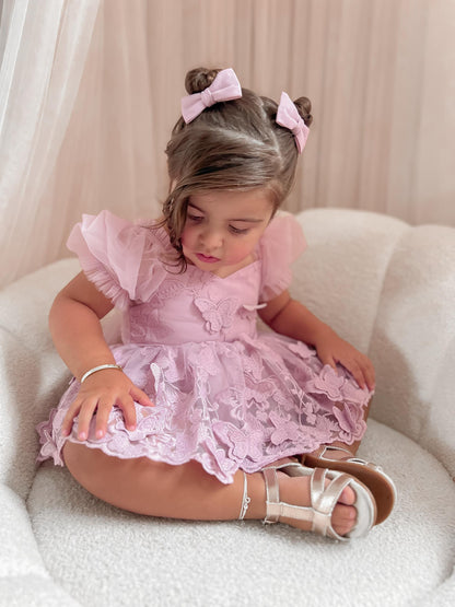Butterfly Kisses Dusty Rose Pink Embroidered Baby Girl Party Romper