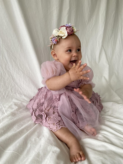 Butterfly Kisses Dusty Rose Pink Embroidered Baby Girl Party Romper