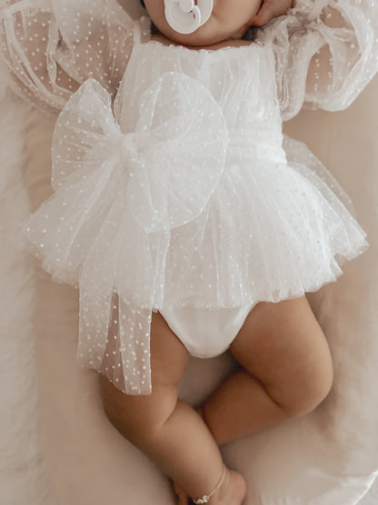Swiss Dot Bloom White Baby Girl Tulle Romper
