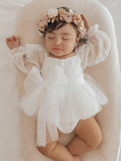 Swiss Dot Bloom White Baby Girl Tulle Romper