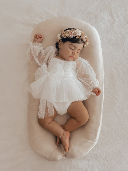 Swiss Dot Bloom White Baby Girl Tulle Romper