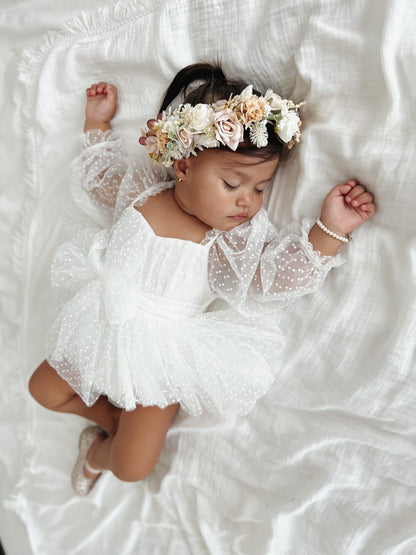Swiss Dot Bloom White Baby Girl Tulle Romper