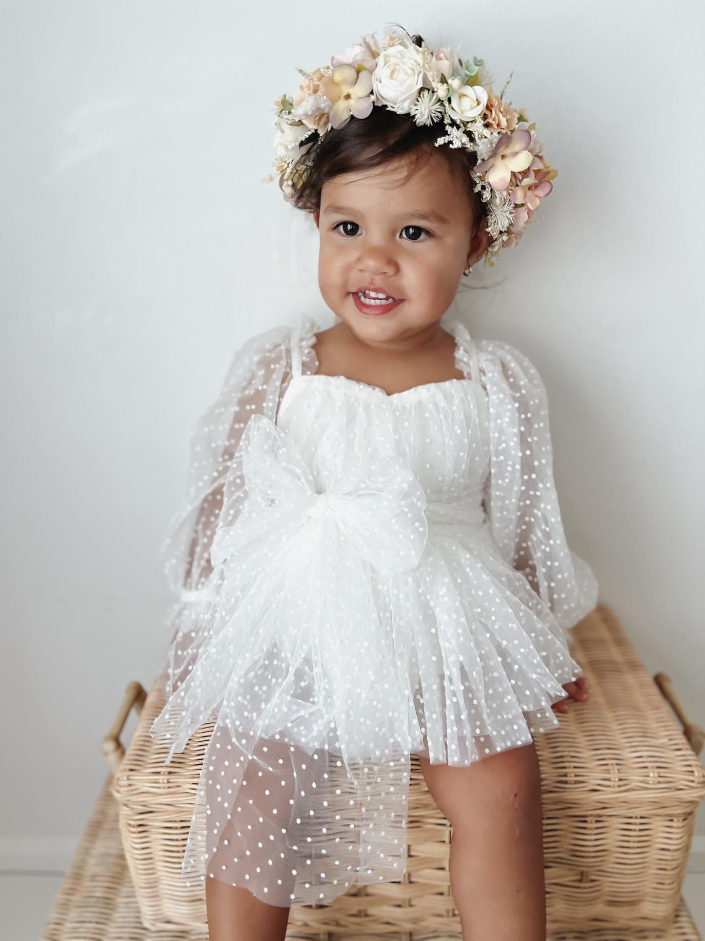 Swiss Dot Bloom White Baby Girl Tulle Romper