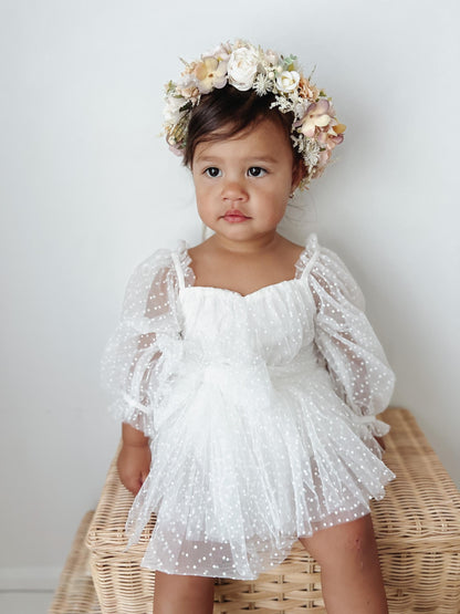 Swiss Dot Bloom White Baby Girl Tulle Romper