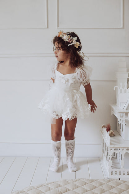 White Butterfly Kisses Baby Girls Embroidered Tulle Romper