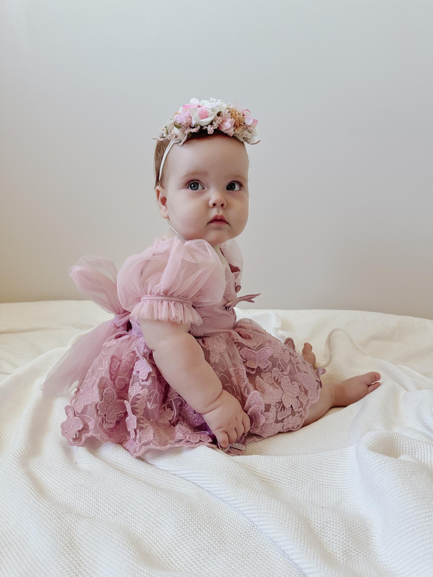 Butterfly Kisses Dusty Rose Pink Embroidered Baby Girl Party Romper