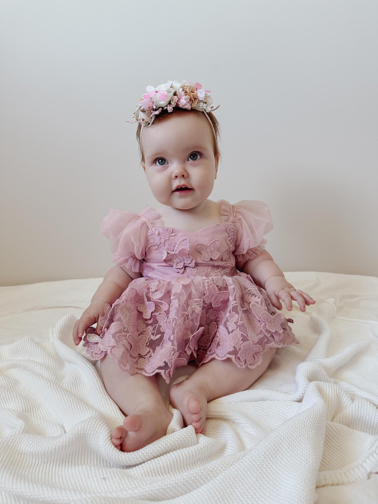 Butterfly Kisses Dusty Rose Pink Embroidered Baby Girl Party Romper