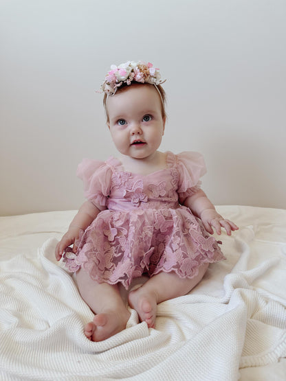 Butterfly Kisses Dusty Rose Pink Embroidered Baby Girl Party Romper