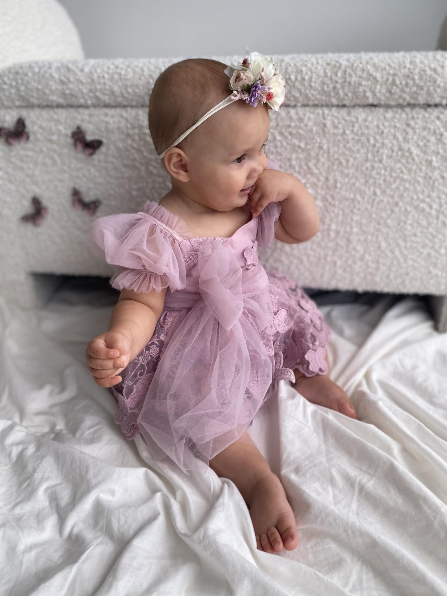 Butterfly Kisses Dusty Rose Pink Embroidered Baby Girl Party Romper
