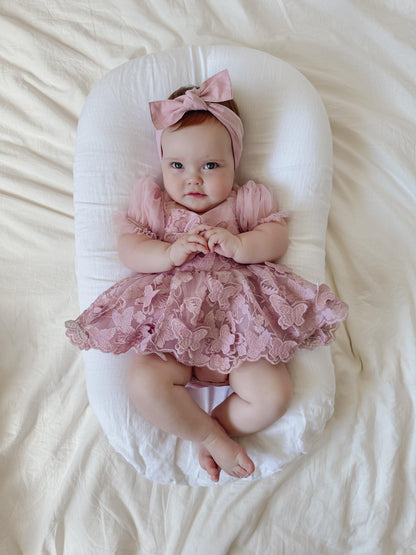 Butterfly Kisses Dusty Rose Pink Embroidered Baby Girl Party Romper