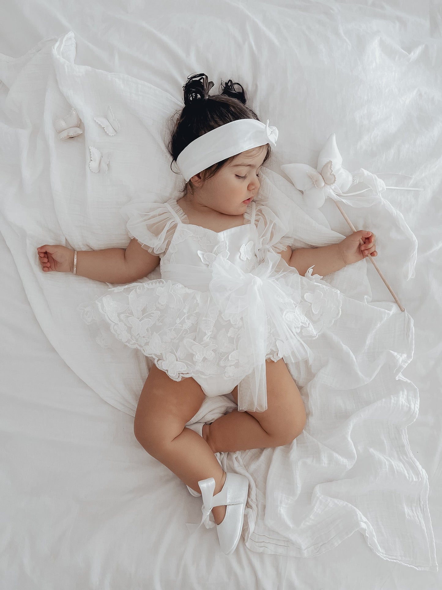 White Butterfly Kisses Baby Girls Embroidered Tulle Romper