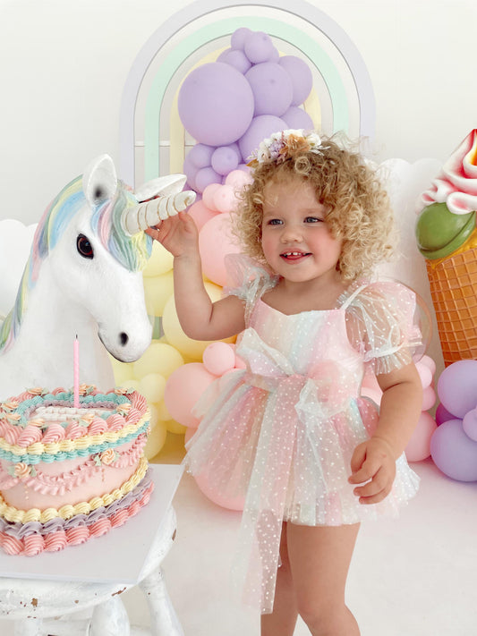 Rainbow Fairy Floss Baby Girl Tulle Party Romper