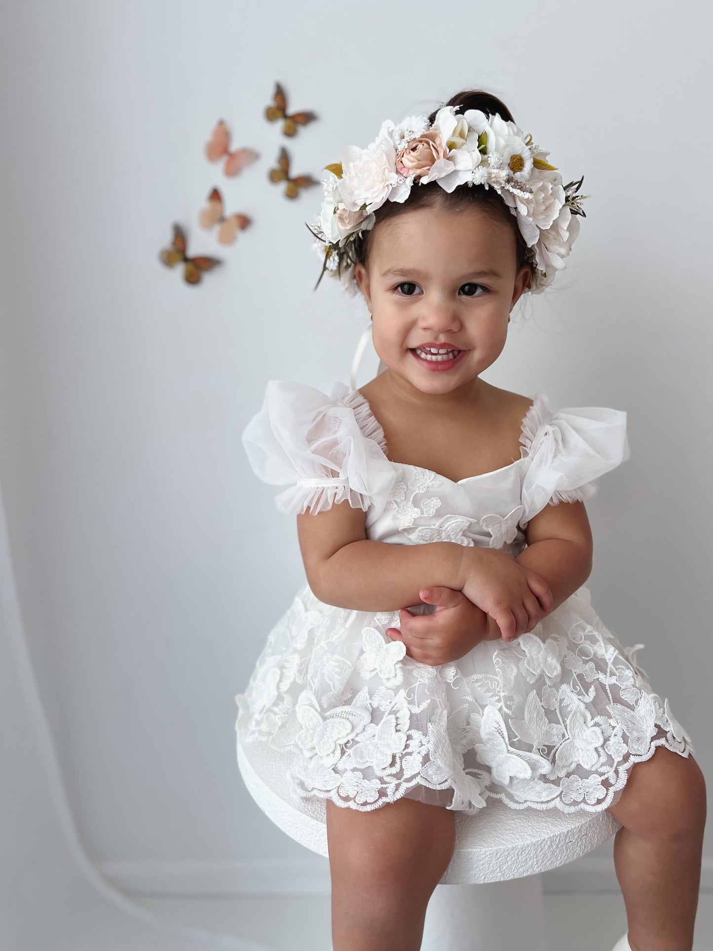 White Butterfly Kisses Baby Girls Embroidered Tulle Romper