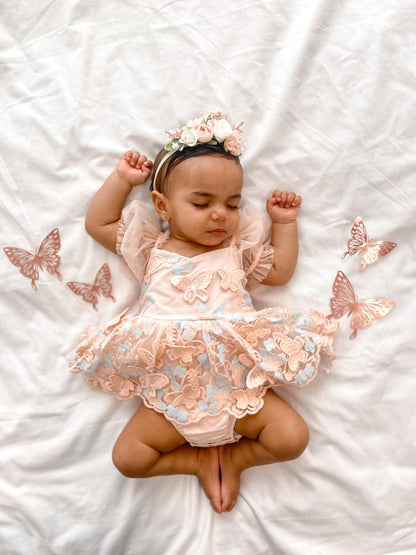 Butterfly Kisses Peach Rose Baby Girl Embroidered Tulle Party Romper