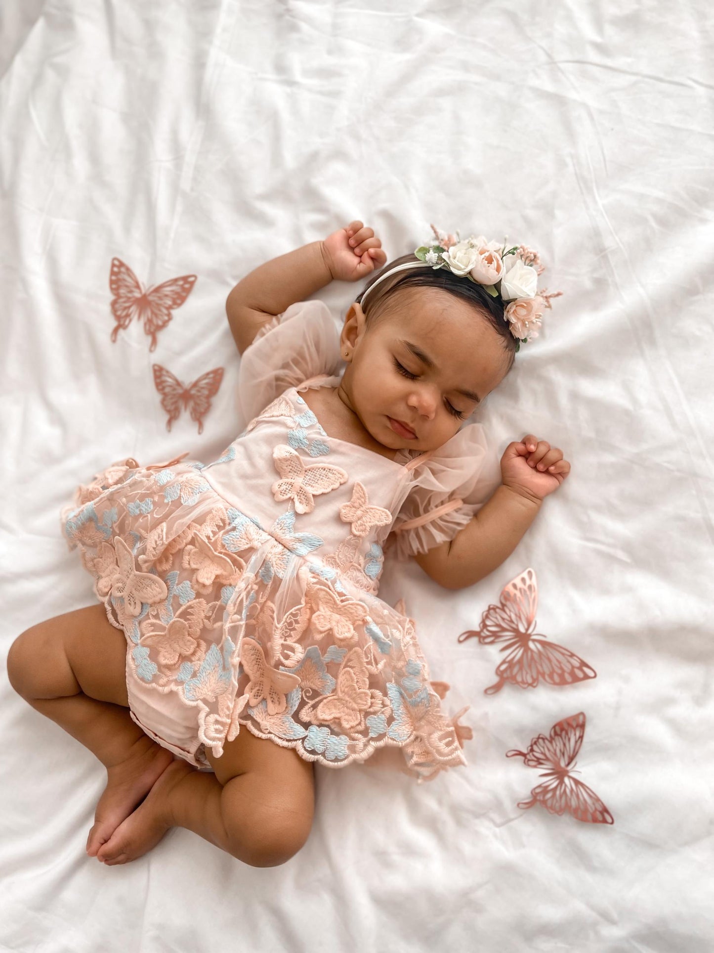 Butterfly Kisses Peach Rose Baby Girl Embroidered Tulle Party Romper