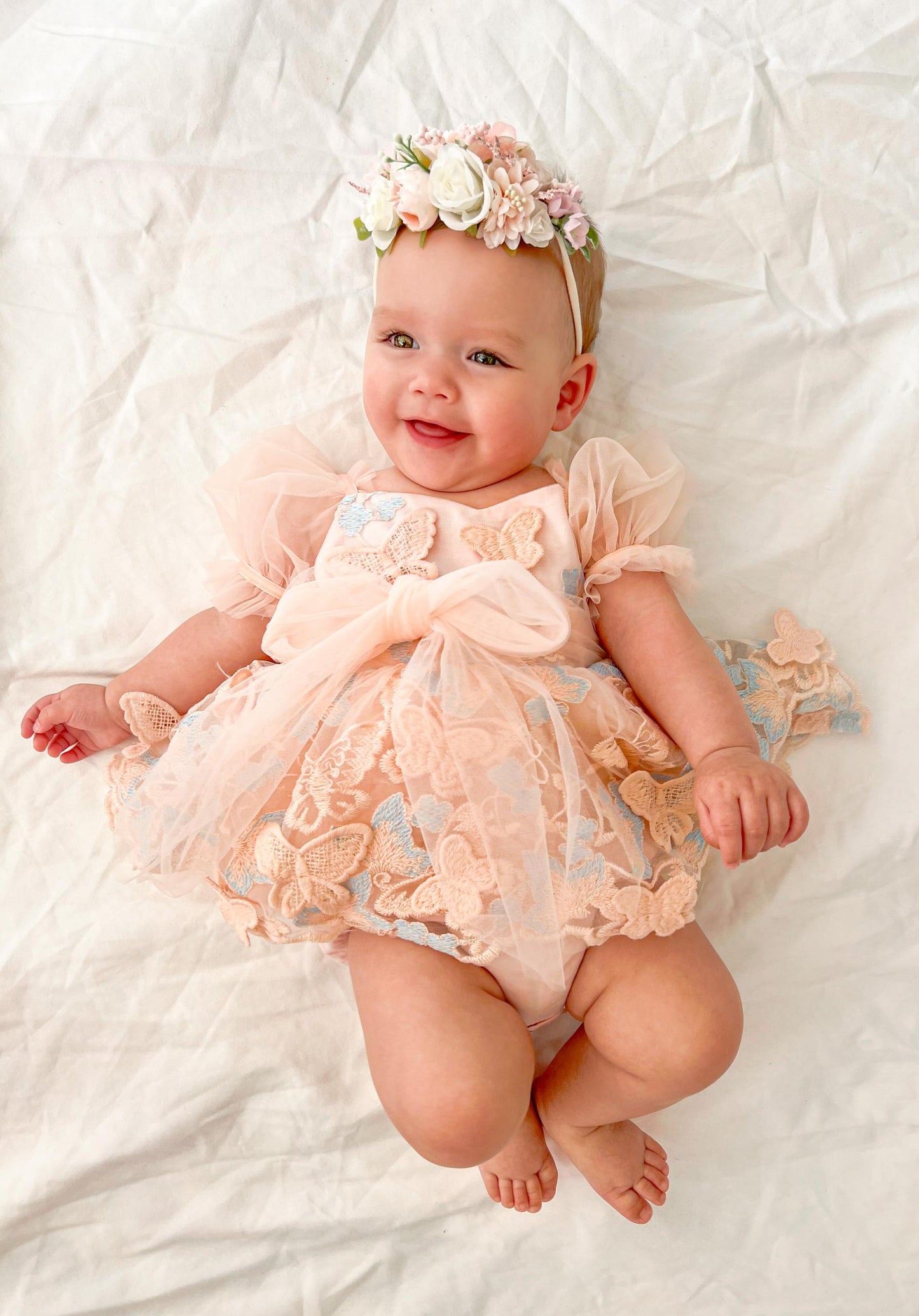Butterfly Kisses Peach Rose Baby Girl Embroidered Tulle Party Romper