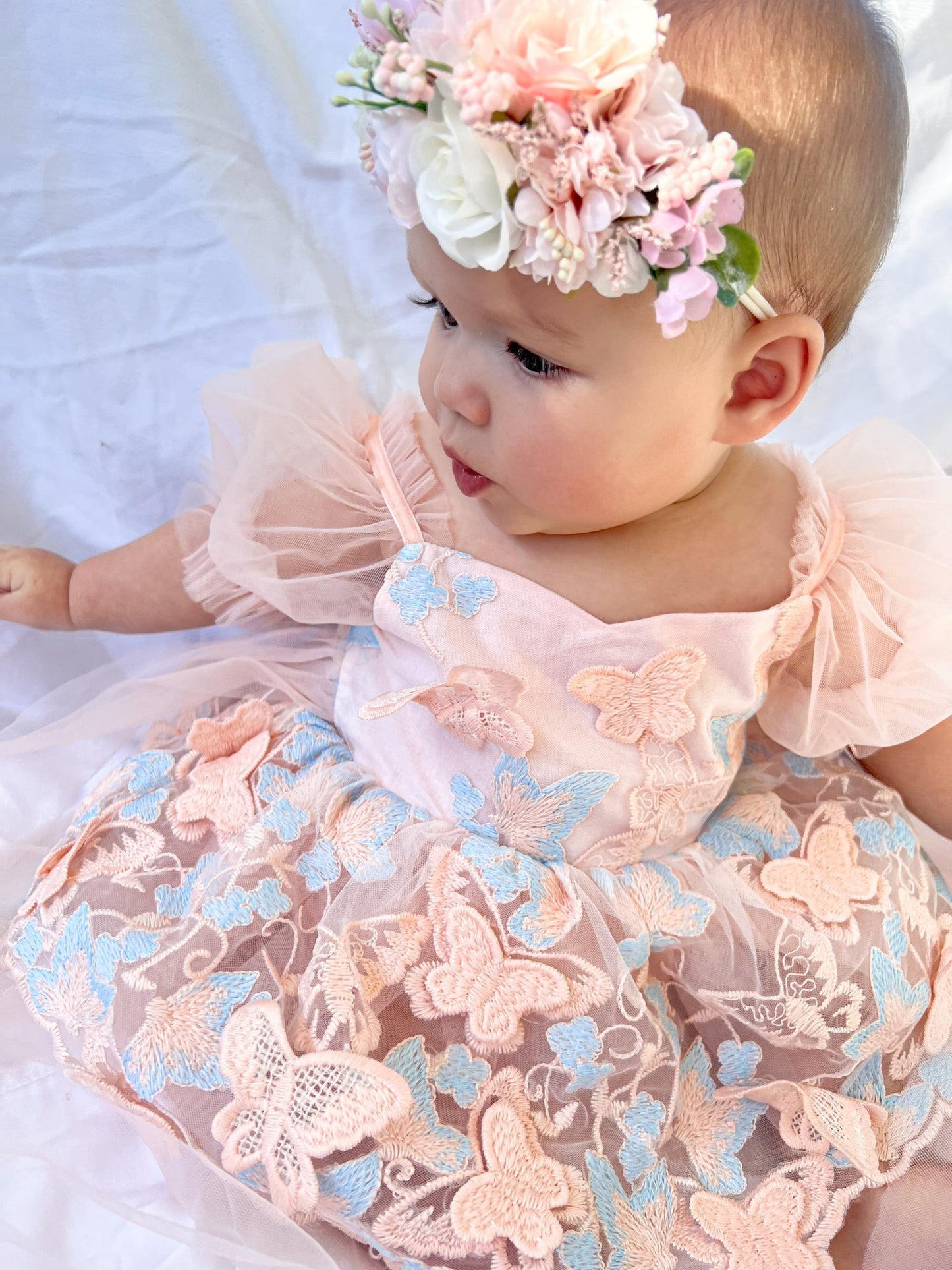 Butterfly Kisses Peach Rose Baby Girl Embroidered Tulle Party Romper