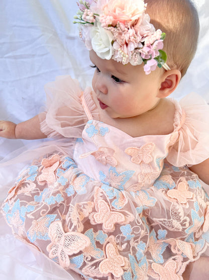 Butterfly Kisses Peach Rose Baby Girl Embroidered Tulle Party Romper