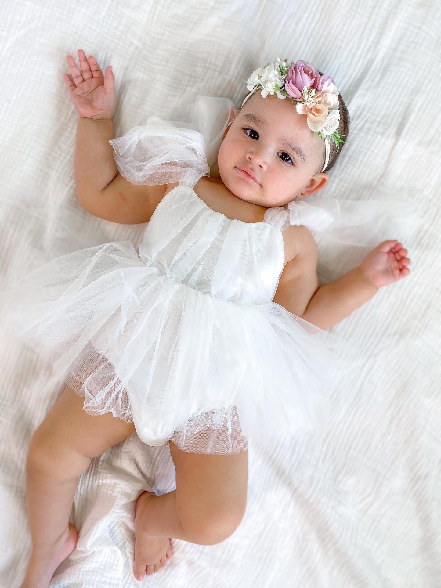 White English Rose Baby Girl Tulle Romper