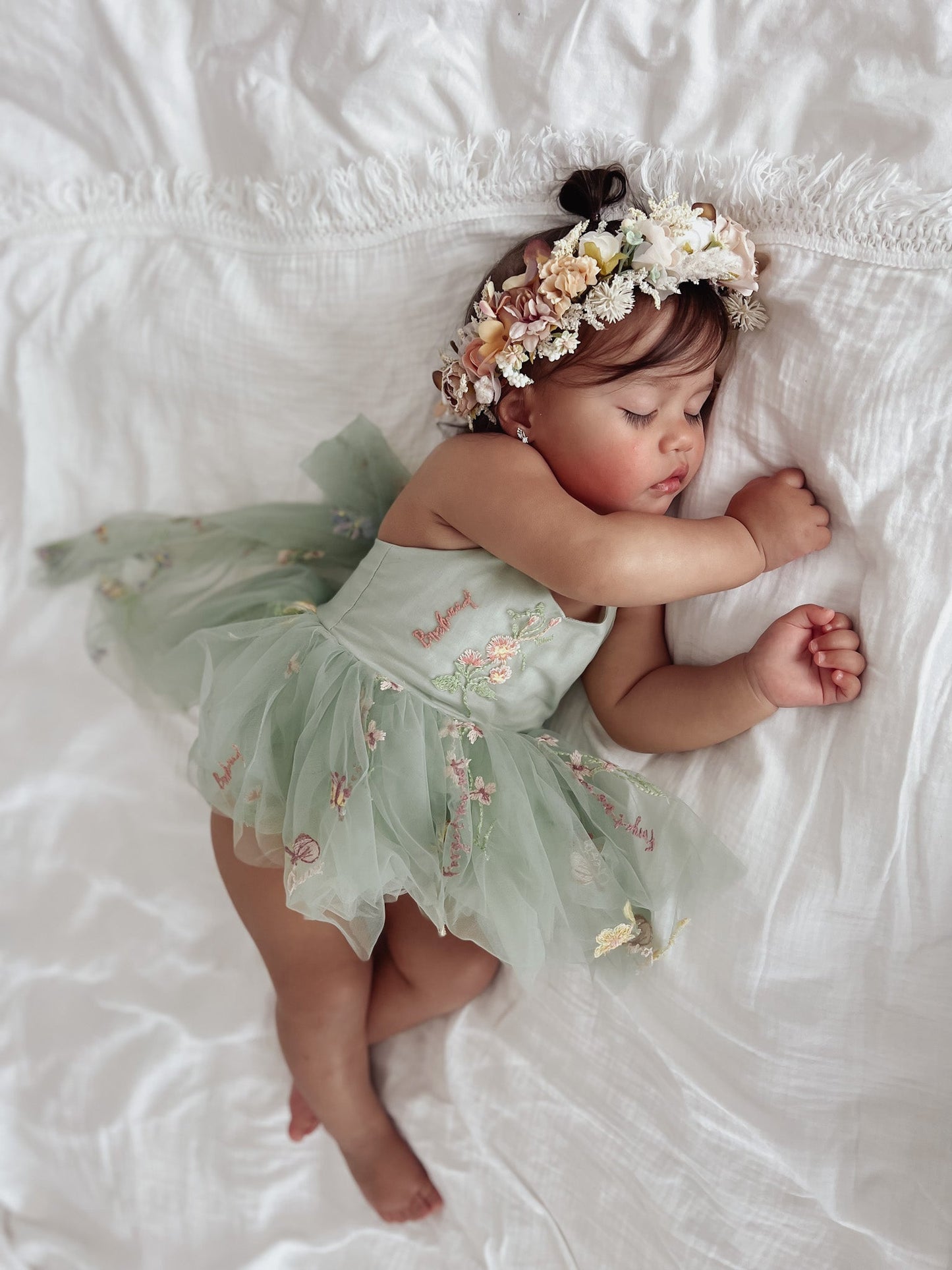 Sugar Plum Forest Green Baby Girl Tulle Party Romper