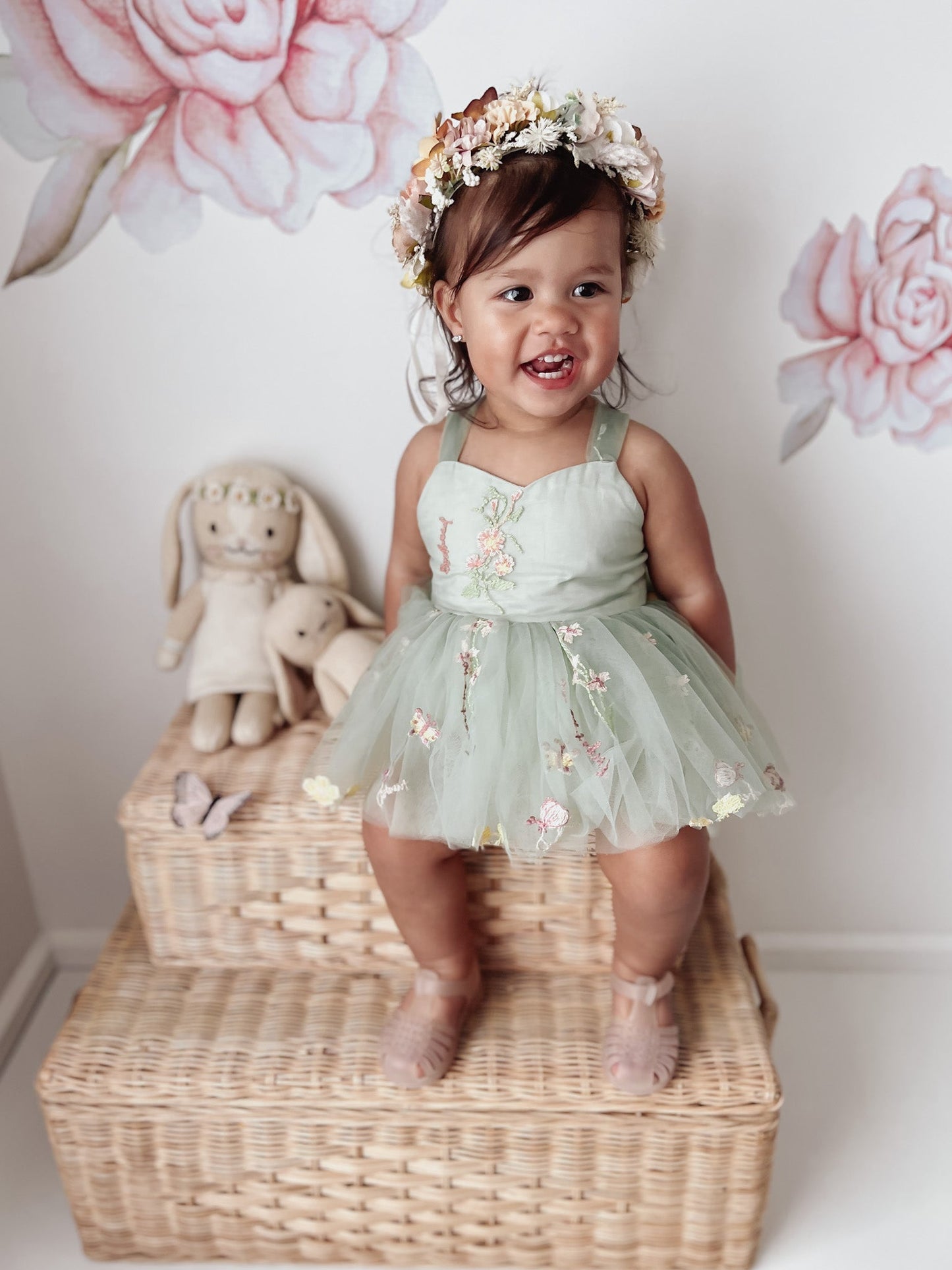 Sugar Plum Forest Green Baby Girl Tulle Party Romper