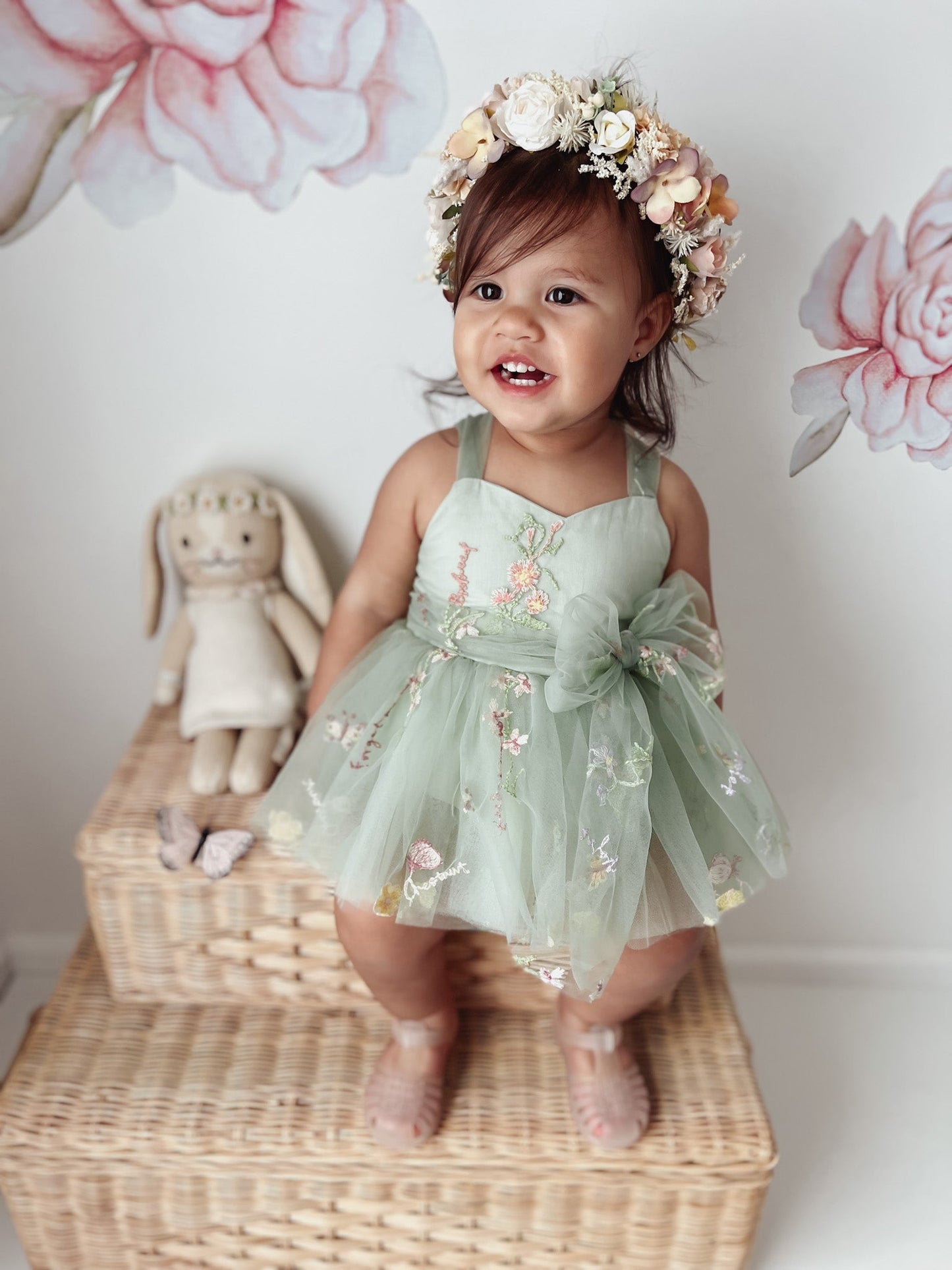 Sugar Plum Forest Green Baby Girl Tulle Party Romper