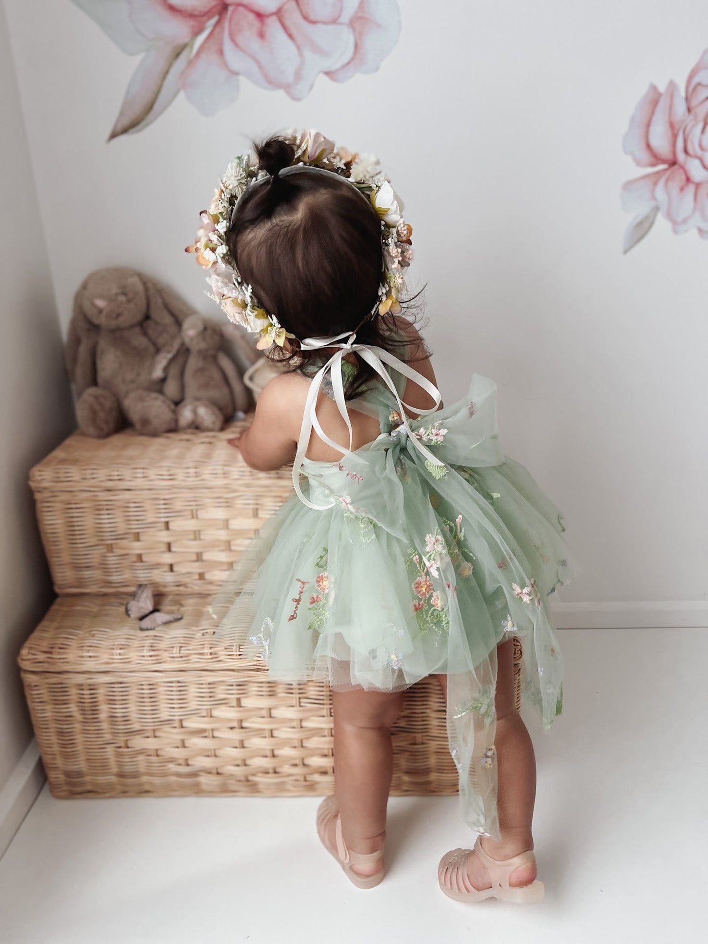 Sugar Plum Forest Green Baby Girl Tulle Party Romper