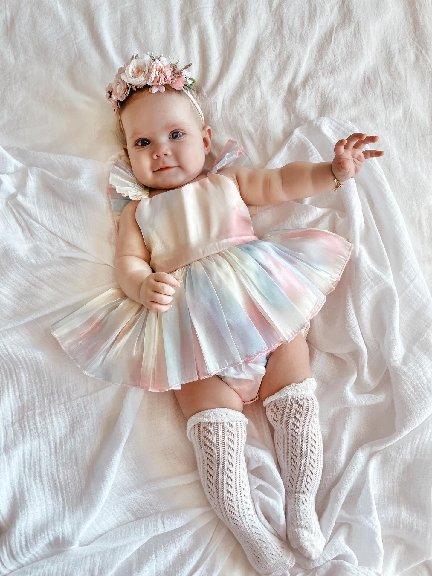 Lolly Pastel Rainbow Organza Baby Girl Party Romper